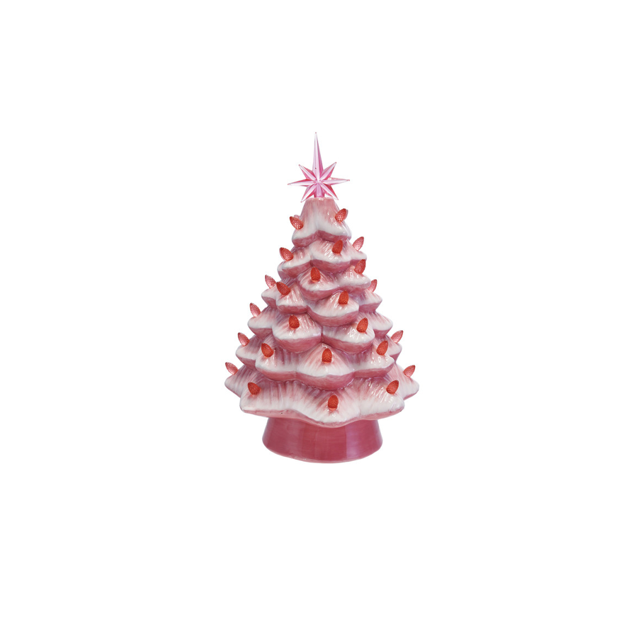 A small pink and white ceramic Christmas tree figurine with red ornaments and a pink star on top, isolated on a white background.