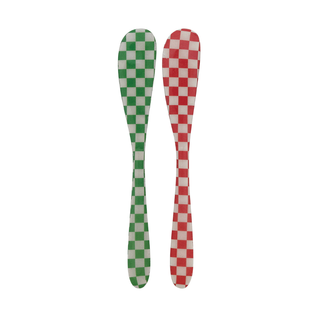 Enameled Stainless Steel Canape Knife with green & red Check Pattern 