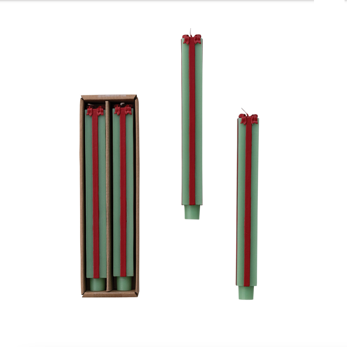 Unscented Package Shaped Taper Candles in Box in Green & Red -  10"