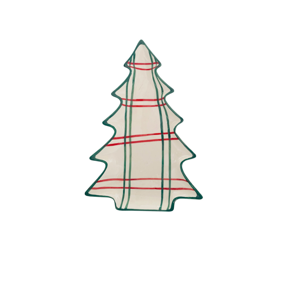 Hand-Painted Holiday Tree Plate - Large Plaid