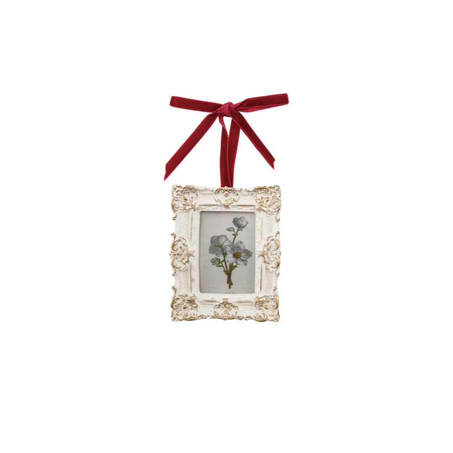 Small Resin Photo Frame Ornament with Velvet Ribbon  & blue flowers. holds 2-1/2" x 3-1/2" photo