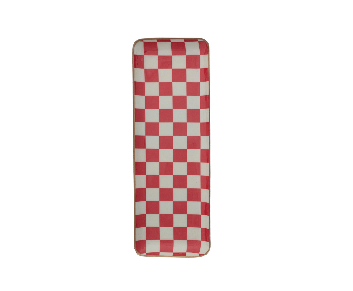 Enameled Metal Holiday Check Rectangle Tray - 2 Colors