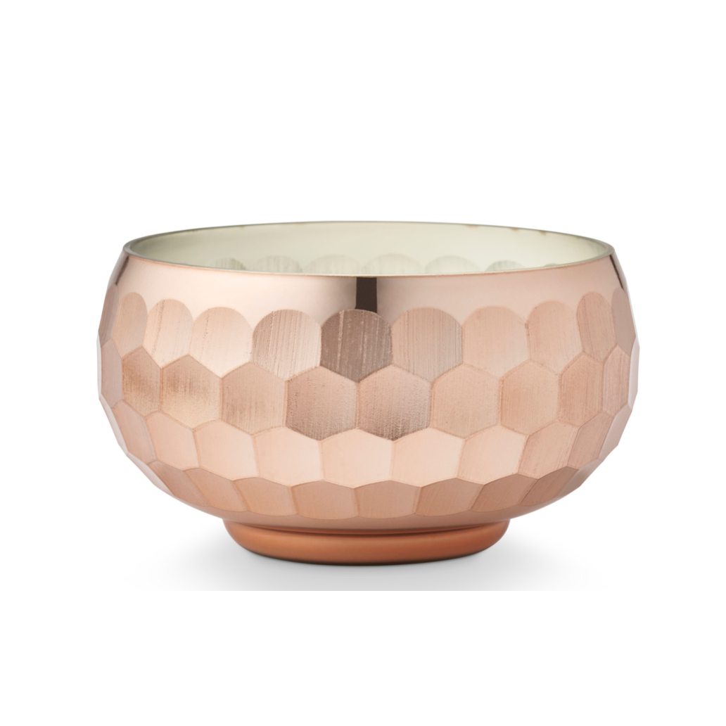 A hammered copper-colored bowl with a hexagonal pattern, shown on a clean white background.