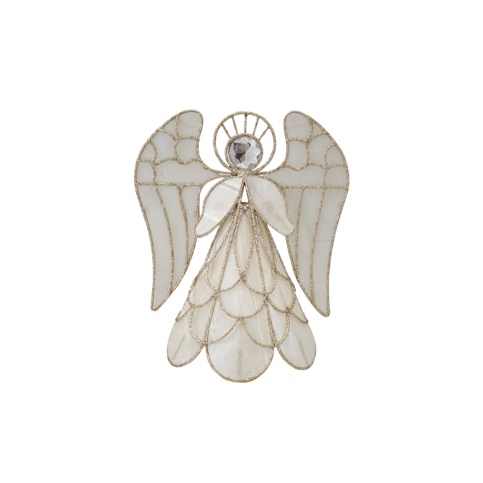 Metal & Faux Capiz Angel Tree Topper with Gold Glitter & Acrylic Jewel