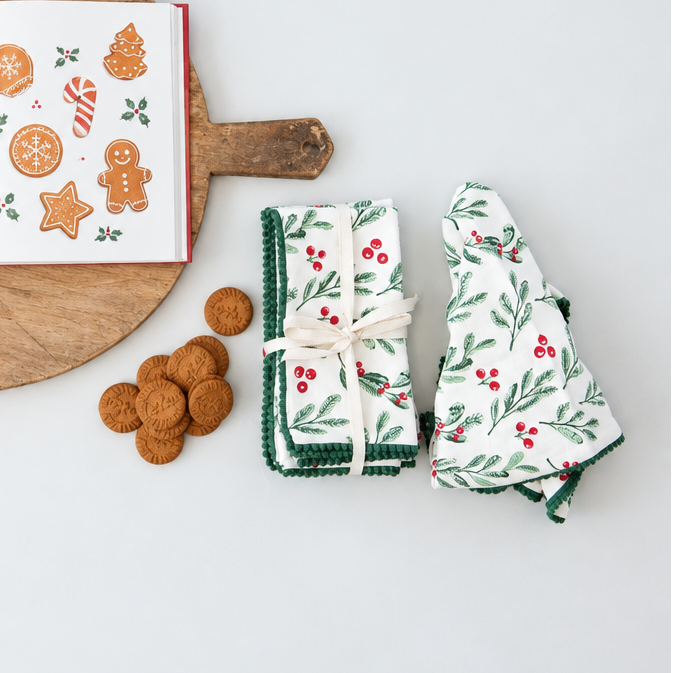 Woven Cotton Napkins with Plaid Pattern & Mini Pom Pom Trim