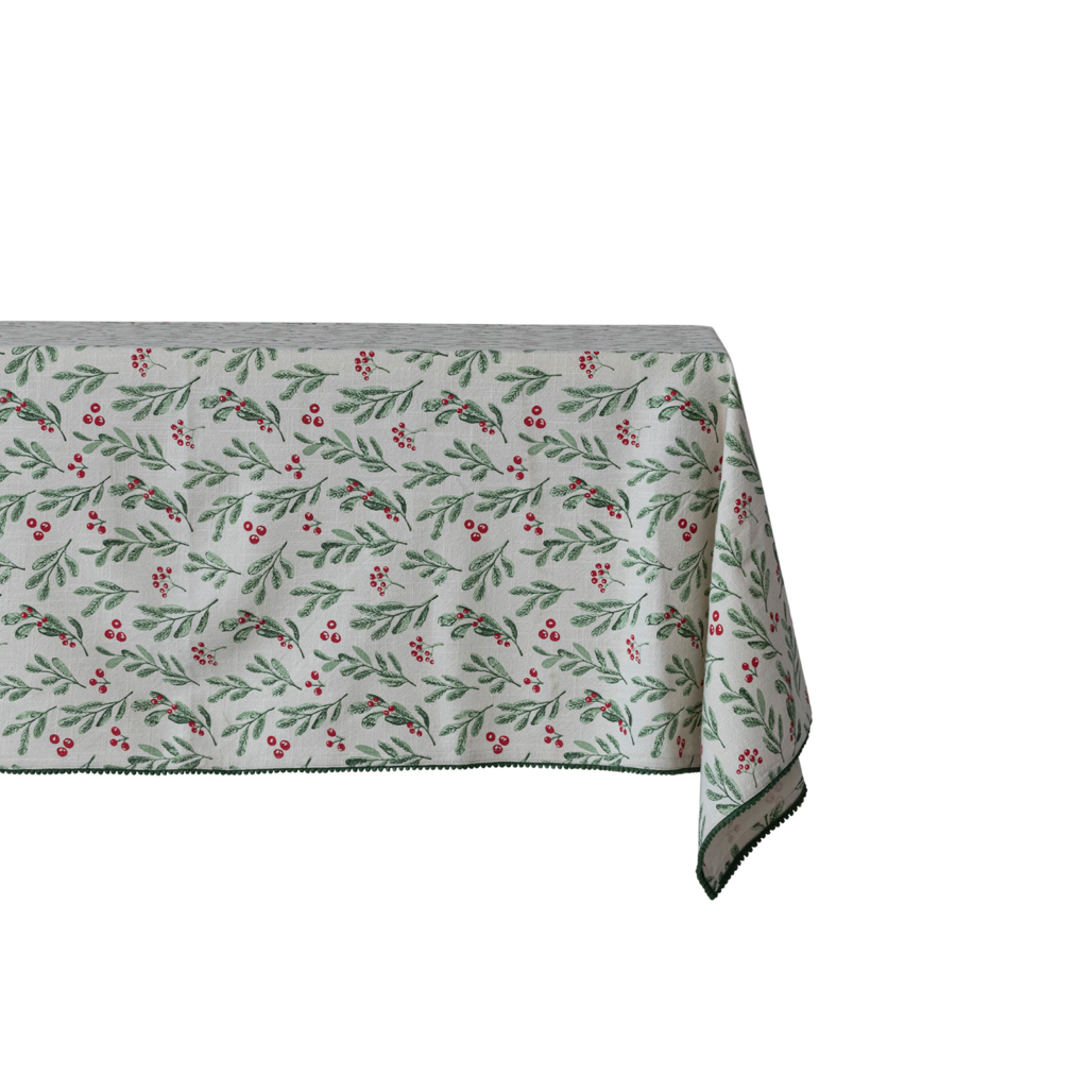 Cotton Table Cloth - Mistletoe & Mini Pom Pom Trim