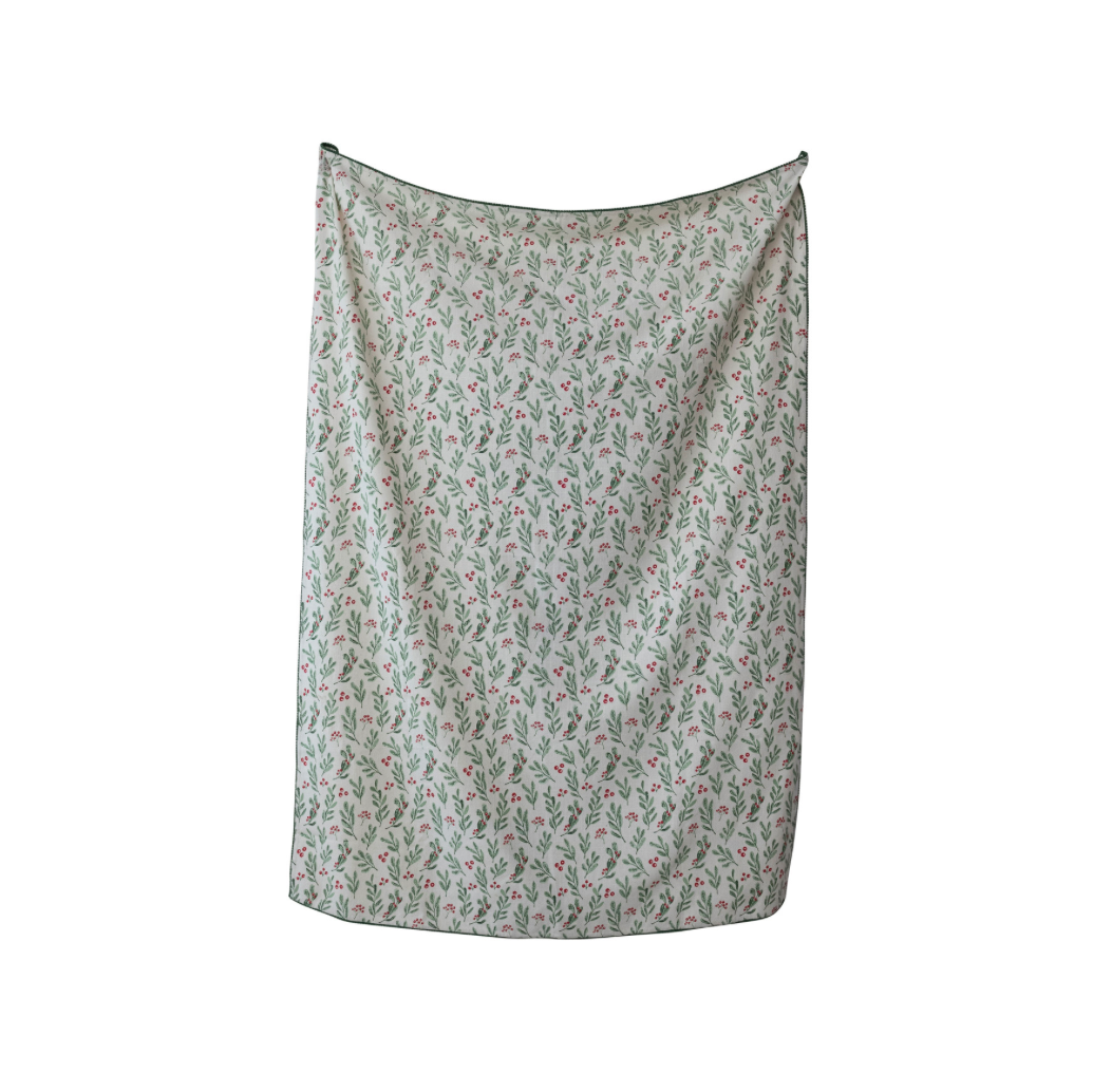 Cotton Table Cloth - Mistletoe & Mini Pom Pom Trim