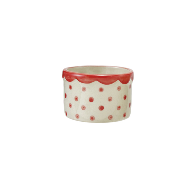 Polka Dots & Scalloped Rim Stoneware Container - white with red polka dots & red scalloped rim
