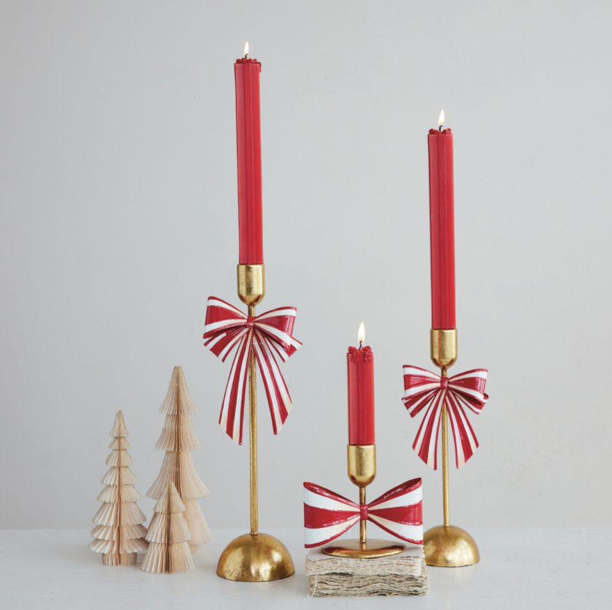 Metal Red Striped Bow Taper Holder -  3 Sizes