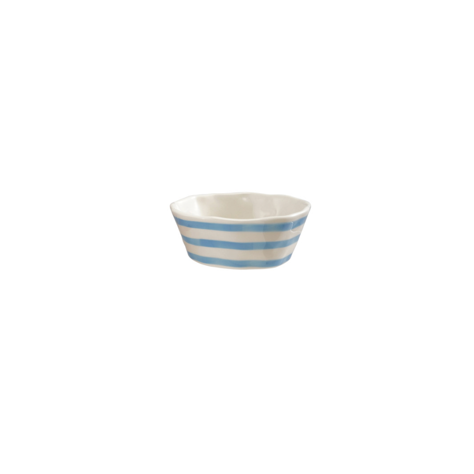A small white ceramic bowl with blue horizontal stripes, centered on a plain white background.