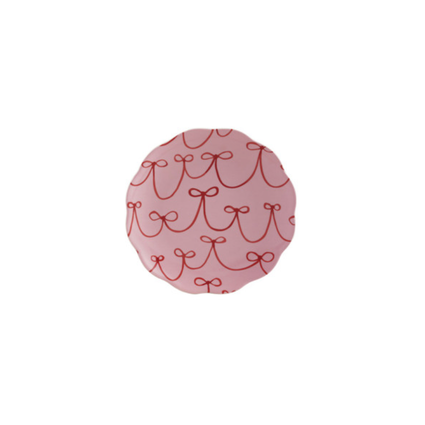 Stoneware Scalloped Bow Plate - Pink with red bows