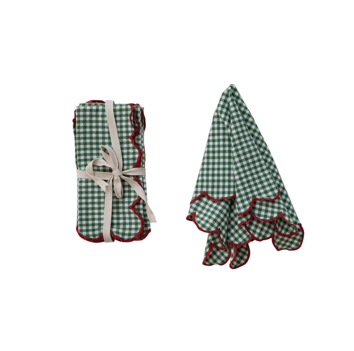 Cotton Scalloped Green Checkered Napkins - Set of 4