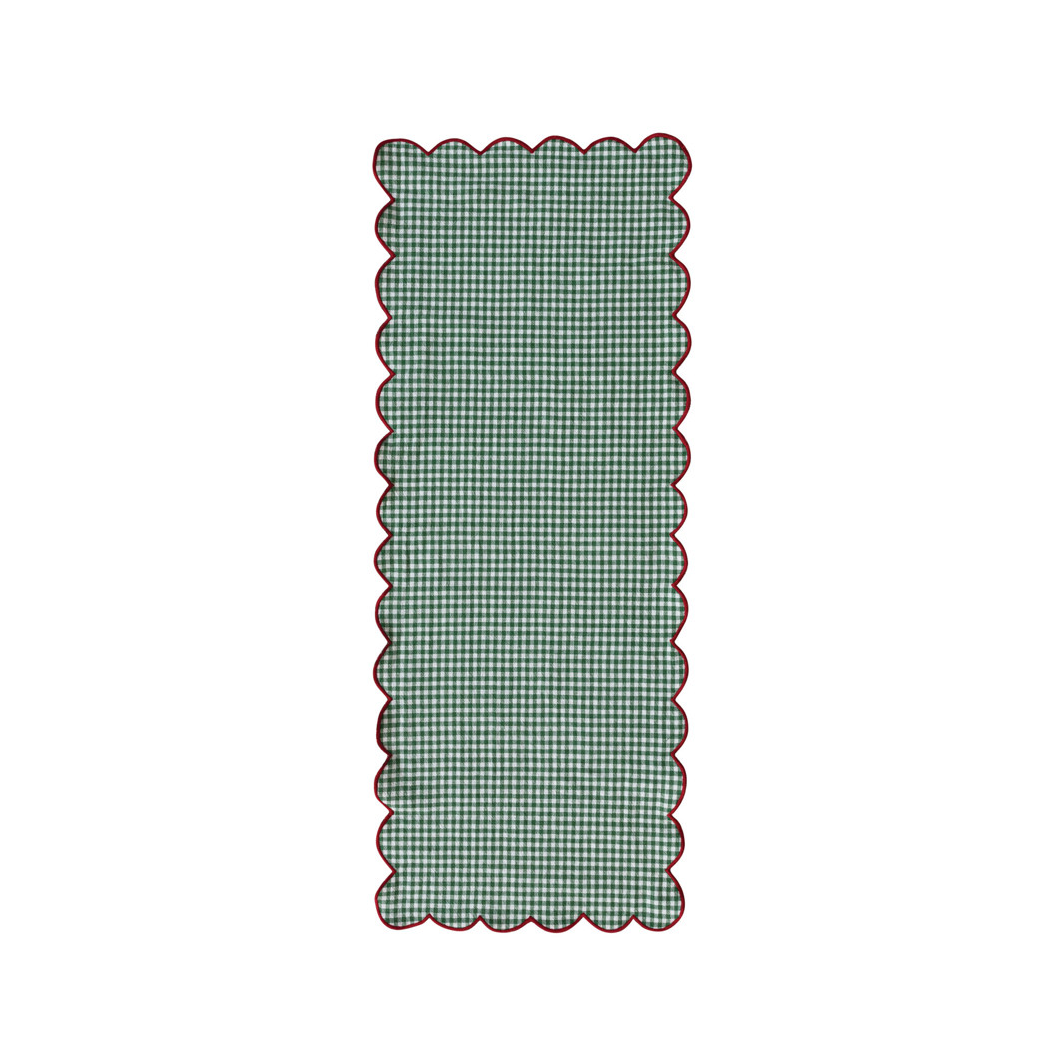 Woven Cotton Gingham Scalloped Two-Sided Table Runner with Stitched Edge