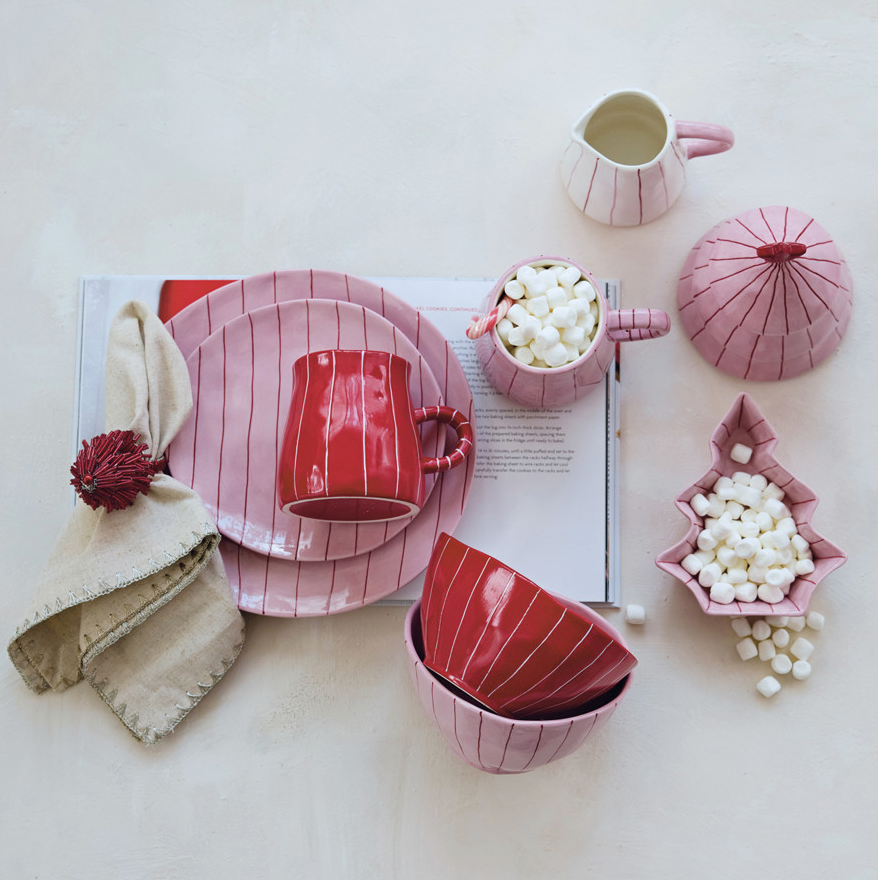 Pink Striped Stoneware Tree Shaped Dish