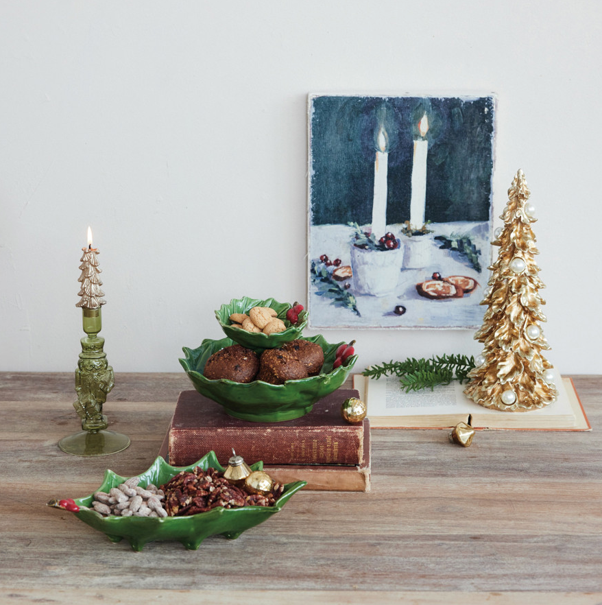 Hand-Painted Holly Leaves Shaped Low Bowl