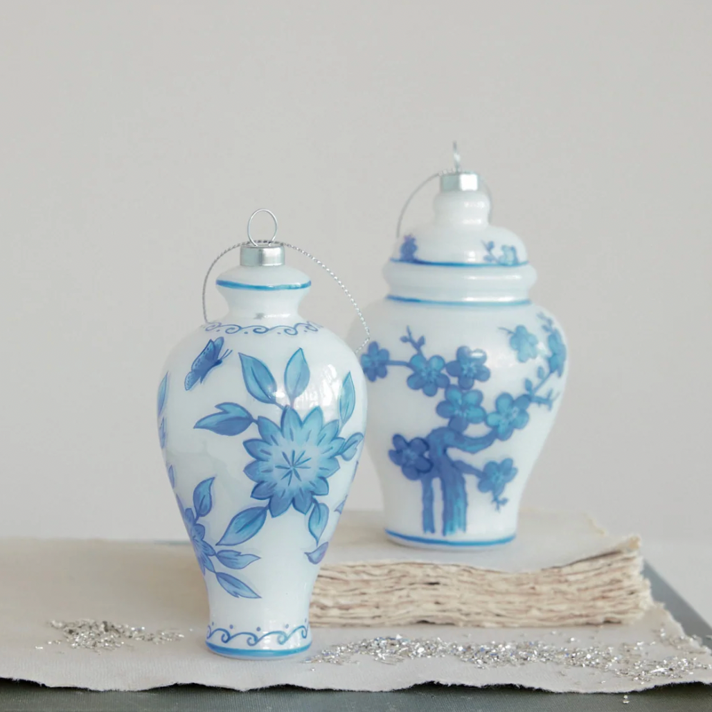 White & Blue Glass Ginger Jar/Cachepot Ornament - 2 Styles