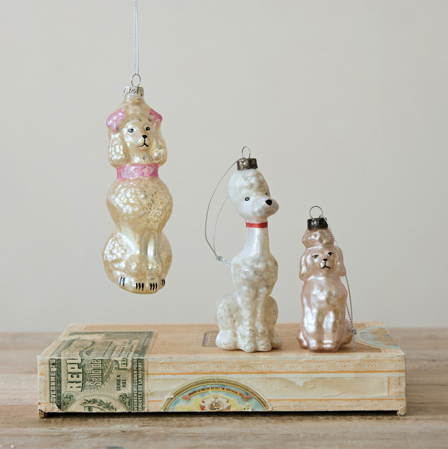 Hand-Painted Mercury Glass Vintage Reproduction Poodle Ornaments - 3 Styles