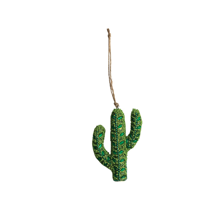 Handmade Beaded Cactus Ornament, Green - Bright Green