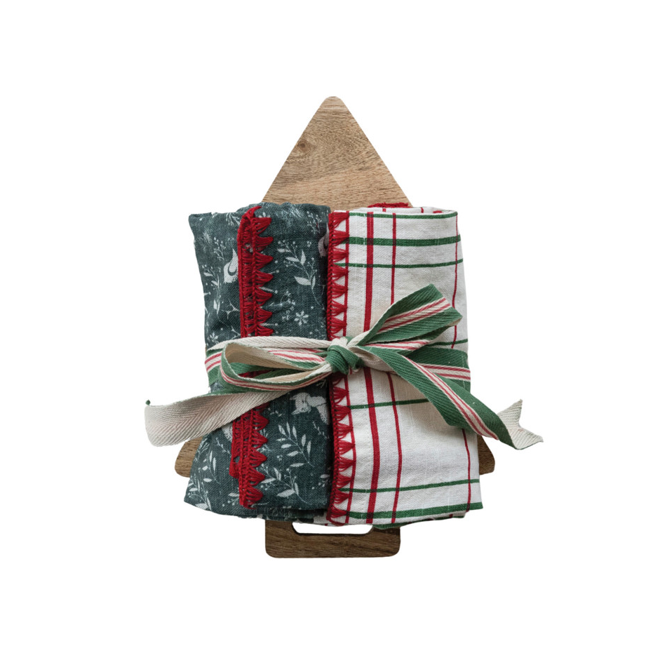 Tea Towels & Tree Shaped Cheese/Serving Board - Set of 3