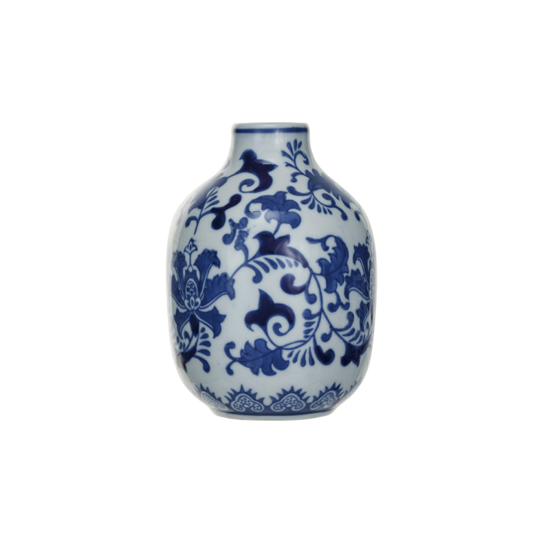 Blue Hand-Stamped Stoneware Vase - Tall 4" Round x 5-3/4"H