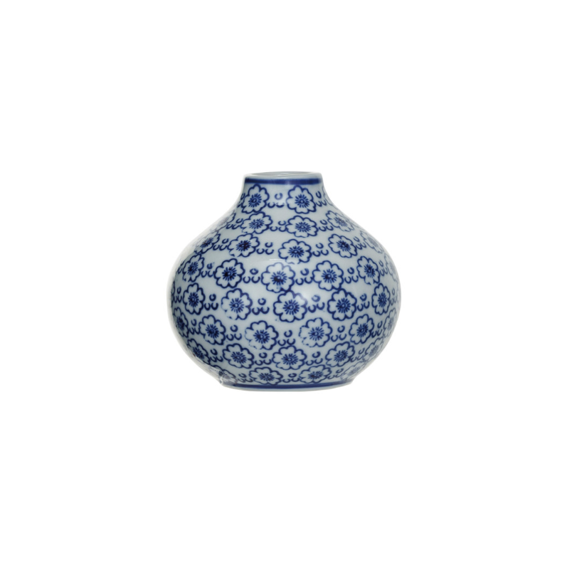 Blue Hand-Stamped Stoneware Vase - round 4-1/2" Round x 4"H