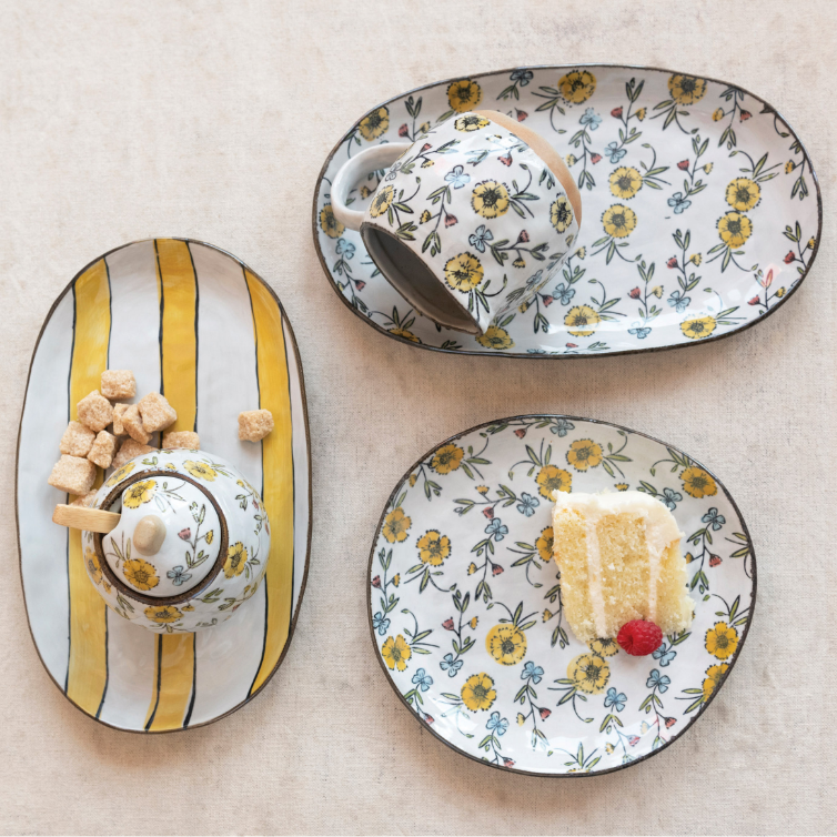 Hand-Painted Yellow Botanical Stoneware Sugar Pot