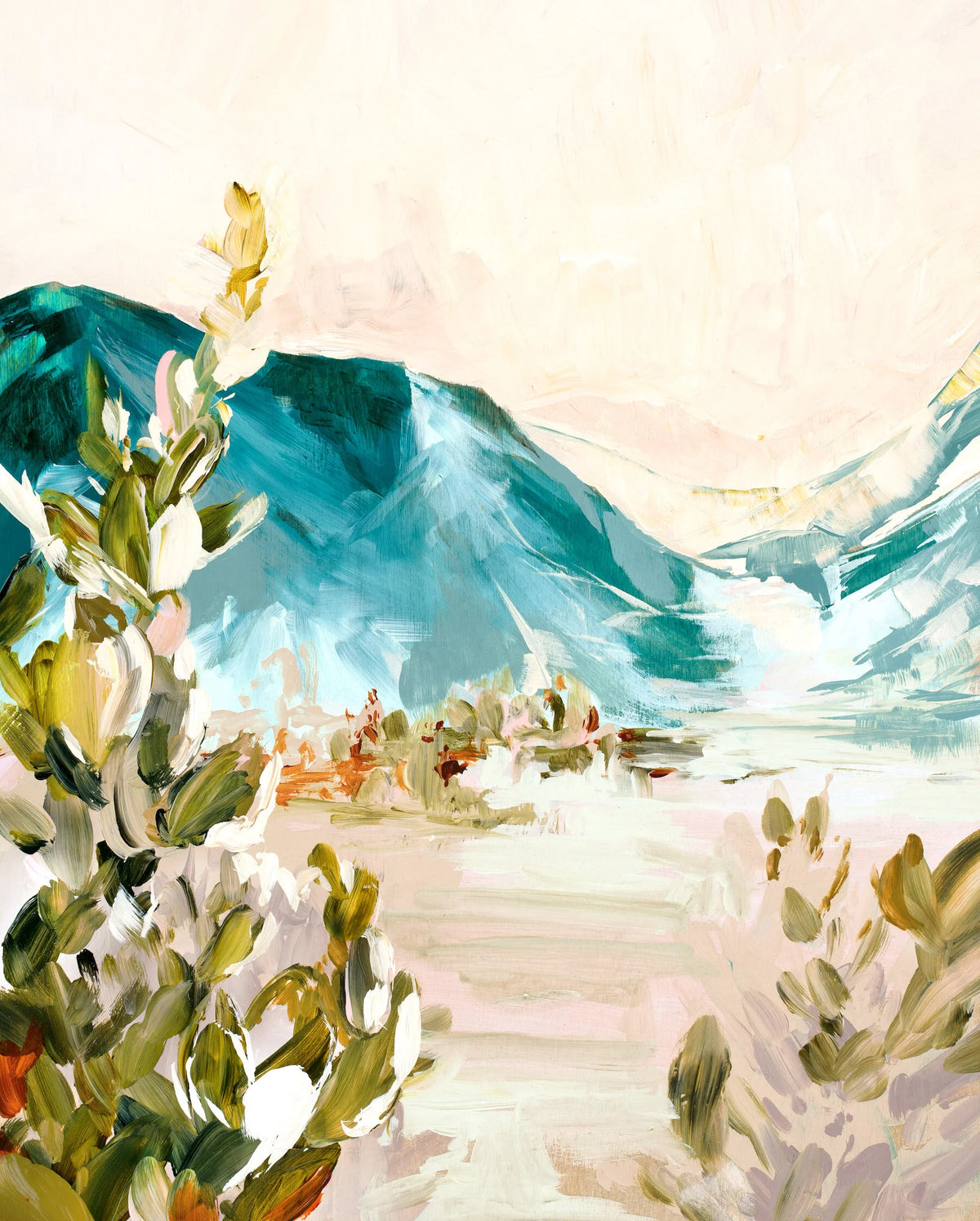deep teal mountains with sap green cacti in the forefront. Sandy dunes done in pink beige. 