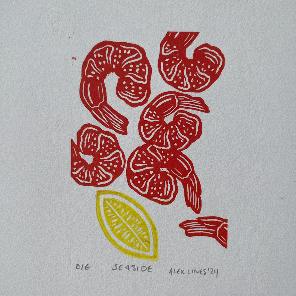 Seaside Print - Dive into coastal charm with this delightful linocut print featuring fresh shrimp and zesty lemon—a playful nod to seaside dining and summer vibes. Hand-carved linework brings these ocean-inspired elements to life with bold, expressive details that capture the essence of beachside markets and fresh catches. Whether you're a seafood lover, coastal enthusiast, or just someone who appreciates quirky kitchen art, this print brings a splash of personality and whimsy to your space. Hang it in the 
