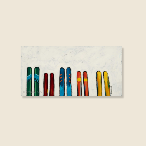 Colorful painting with Ski's on a beige background