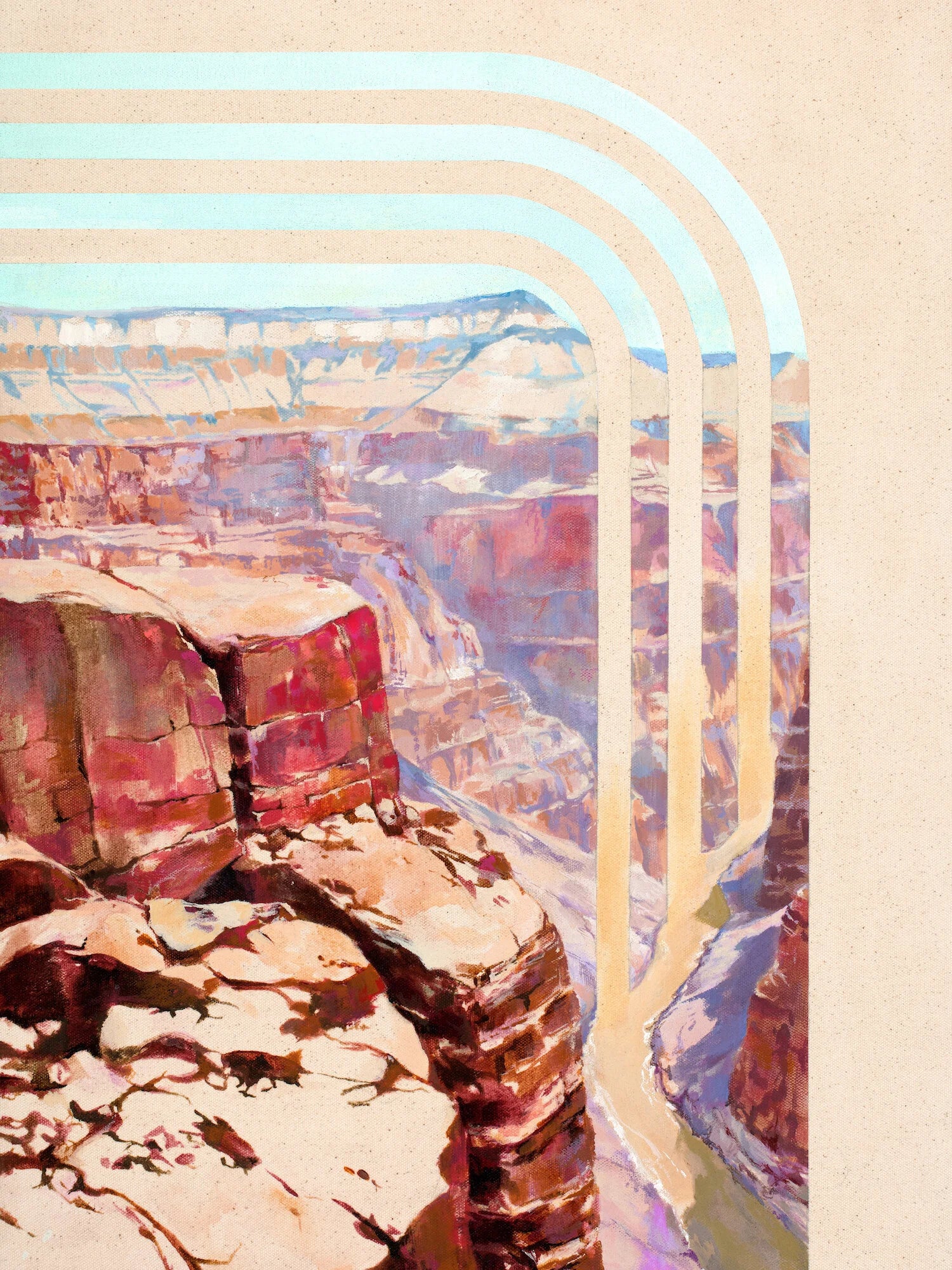 Grand Canyon force formations done in rustic reds and beige. Brilliant light blue sky. 