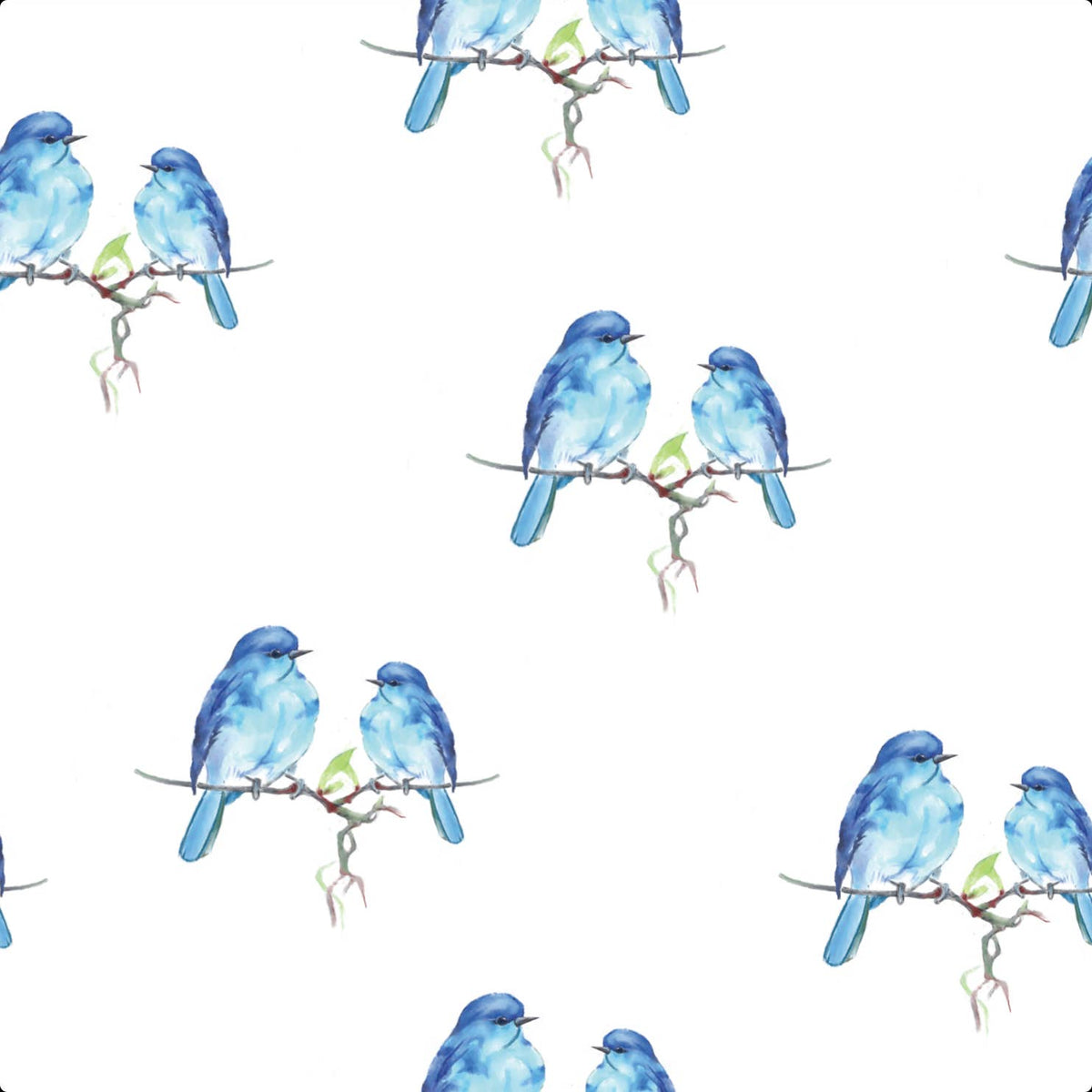 Pattern of blue birds on branches on a white background