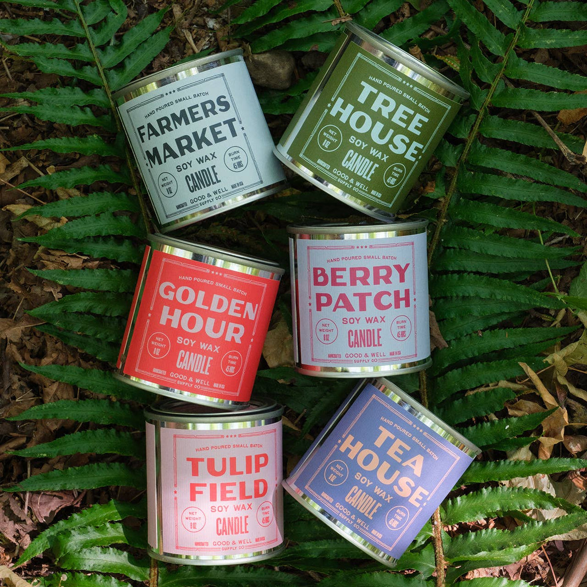 Collection of candles in various scents on a leafy background