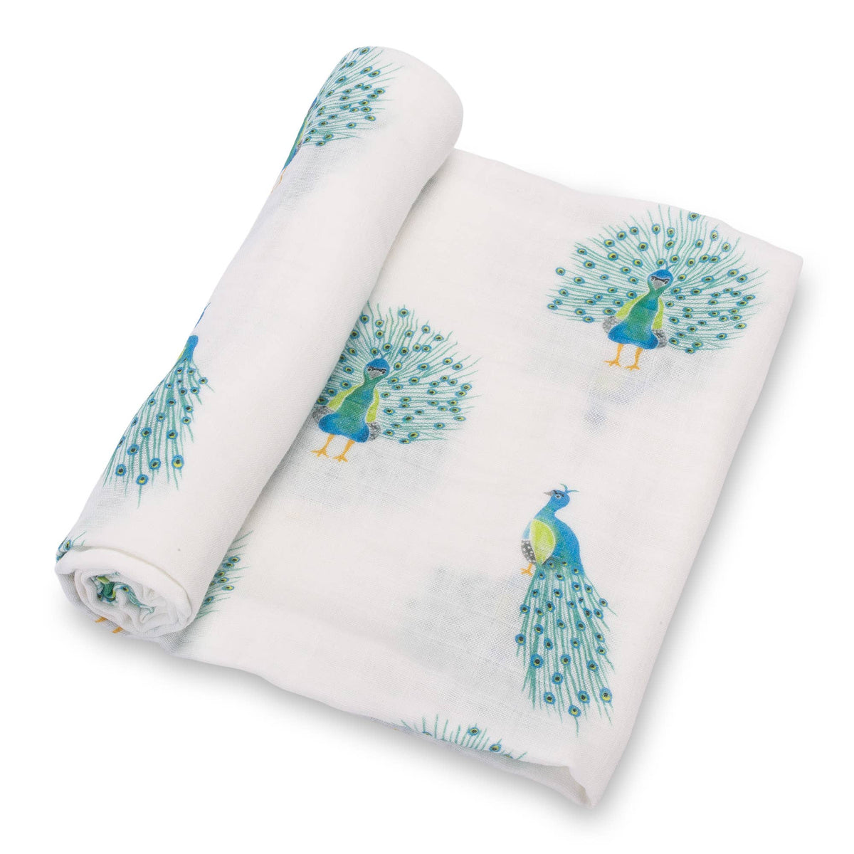 Roll of fabric with peacock pattern on a white background