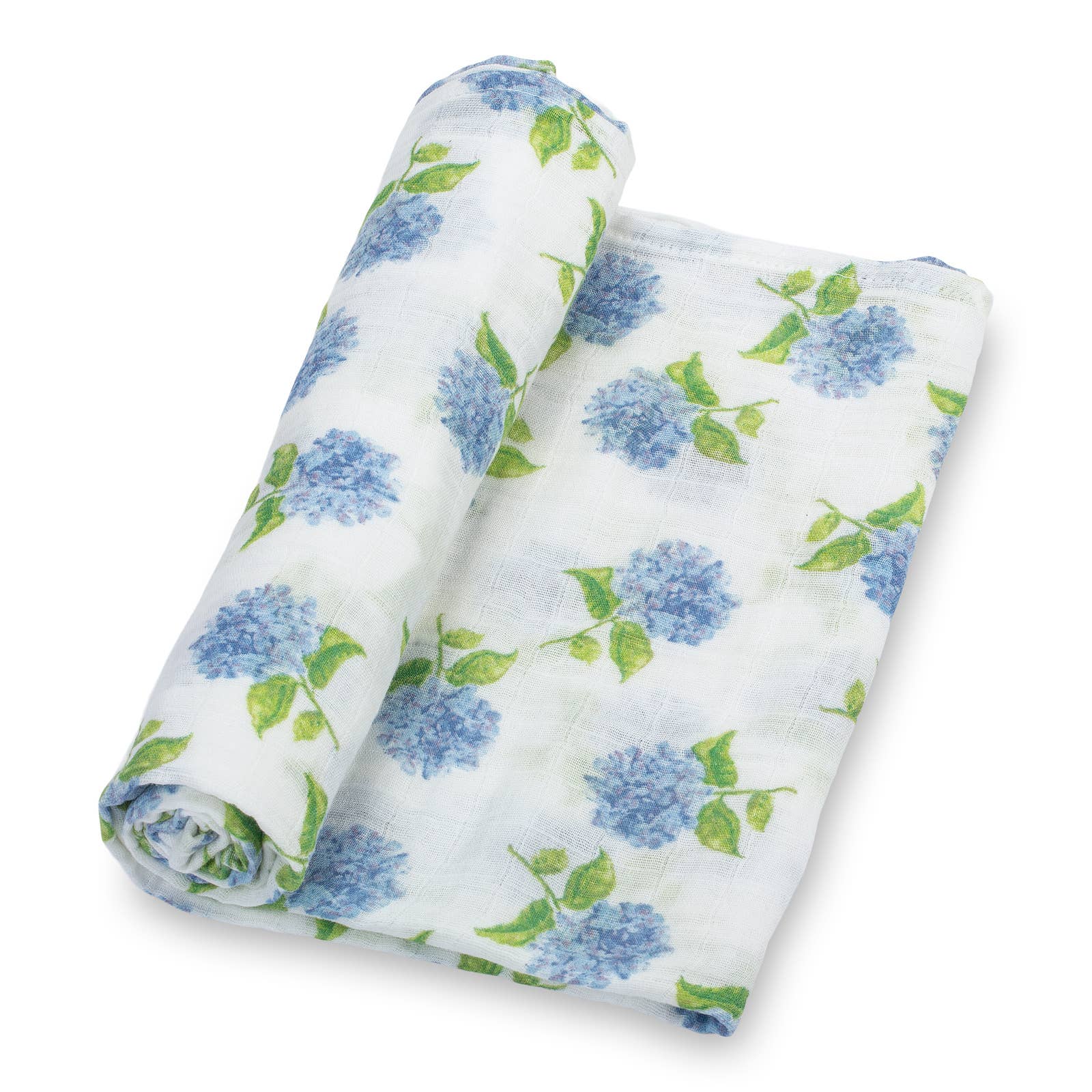 Rolled-up fabric with blue floral pattern on a white background