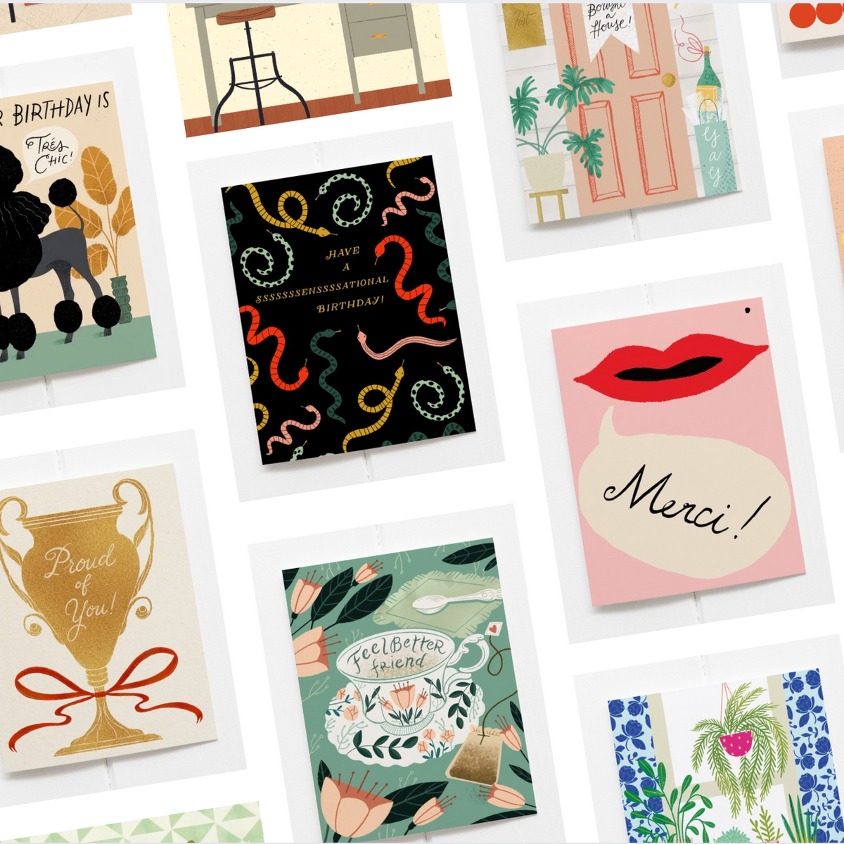 Collection of various greeting cards with different designs and text.