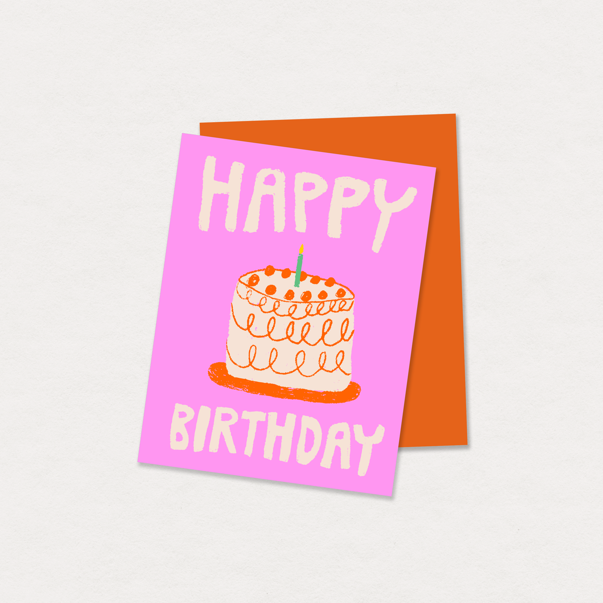 Happy Birthday card with a cake illustration on a pink background