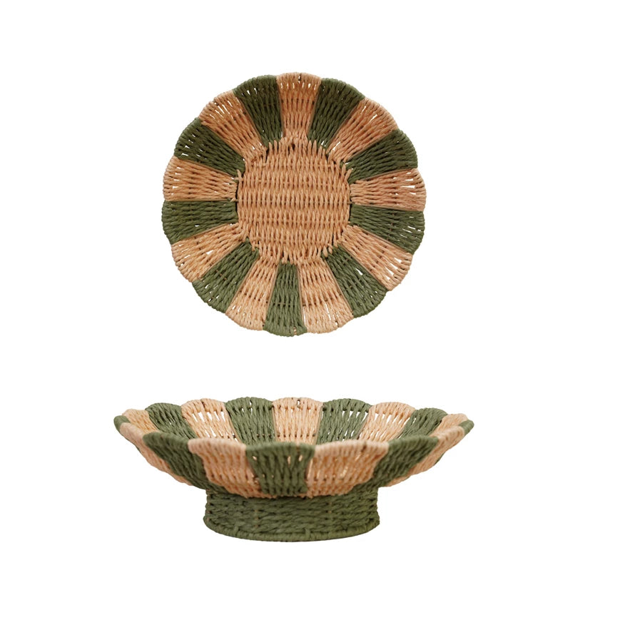 Add a touch of whimsy to your home with our Decorative Woven Paper Rope Scalloped Footed Bowl. Made from durable, eco-friendly paper rope and featuring playful stripes, this bowl is perfect for holding small items or displaying as a unique piece of decor.