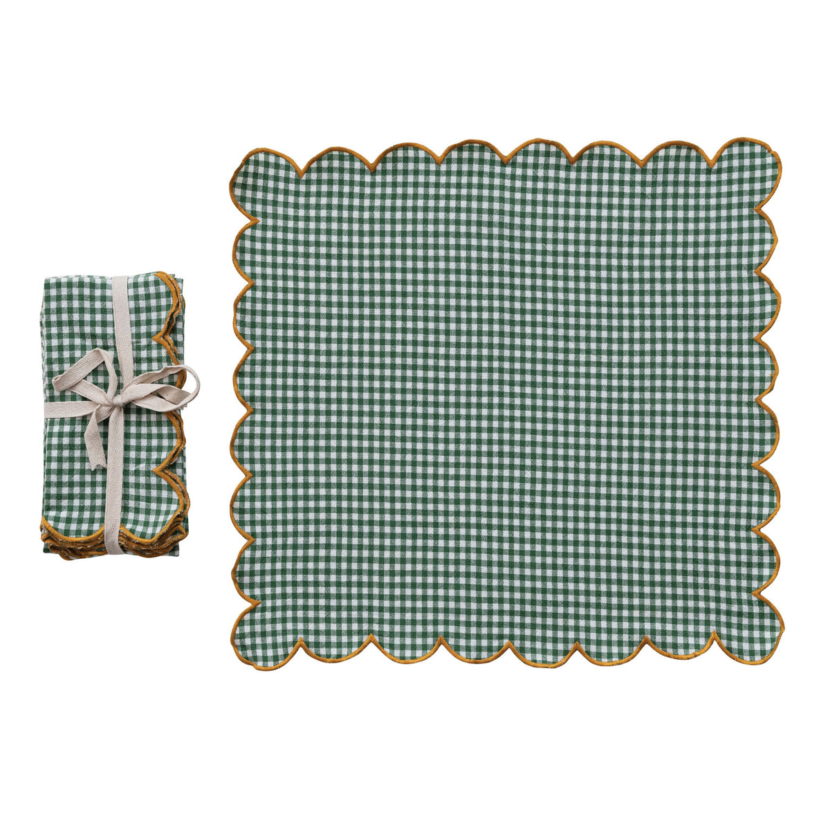 Cotton Scalloped Napkins with Contrasting Stitched Edges, Set of 4 Tied with Cotton Tape
