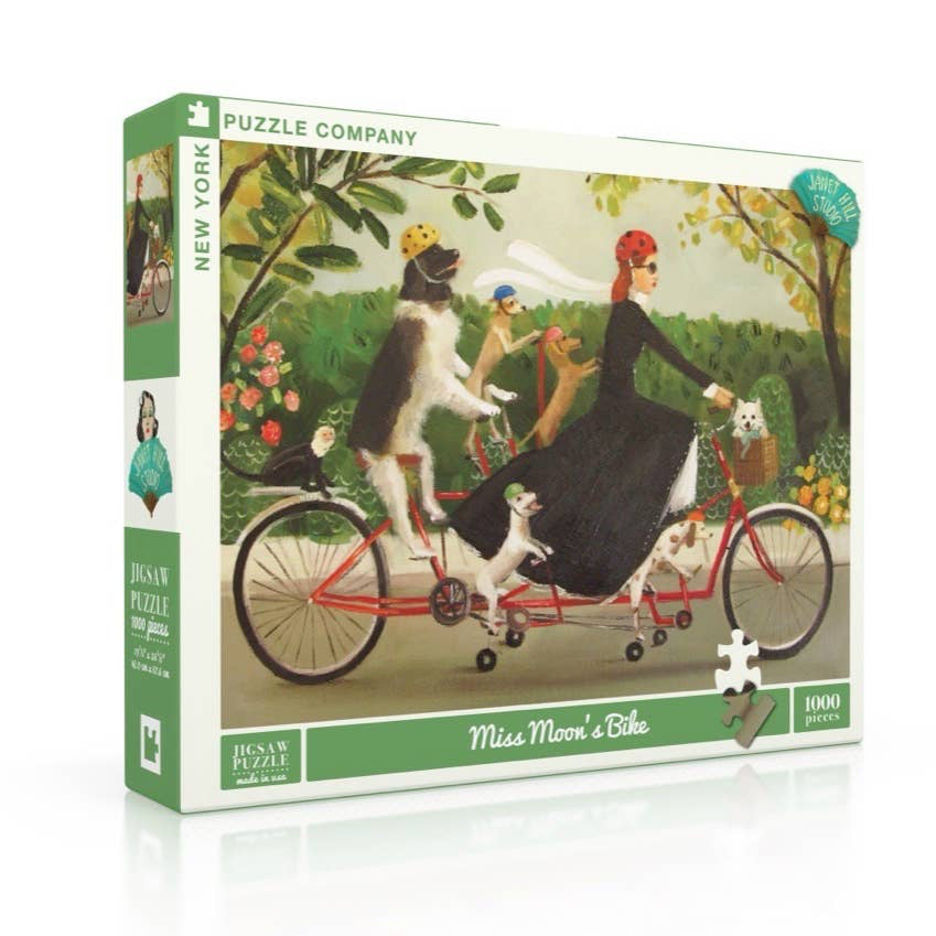 Miss Moon takes her dogs out for a creative bike ride.

Details:

From Wise Words From A Dog Governess by Janet Hill
1000 Piece Jigsaw Puzzle
Finished Puzzle Size: 26.625"x19.25"
Linen Style Finish to reduce glare
Made in USA
Recommended Age: 13+ Years