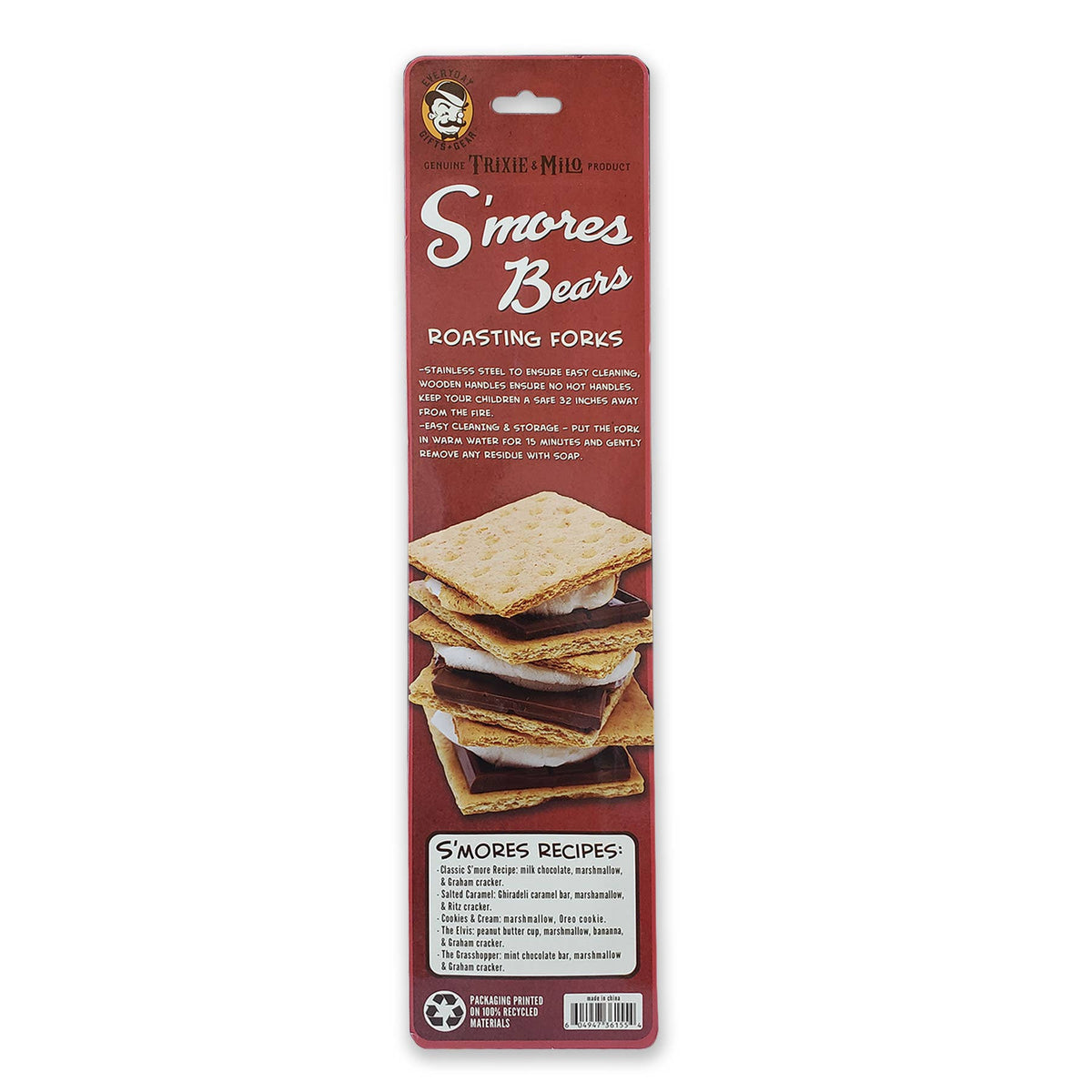 Packaging of S'mores Bears Roasting Forks with a s'mores illustration on a white background