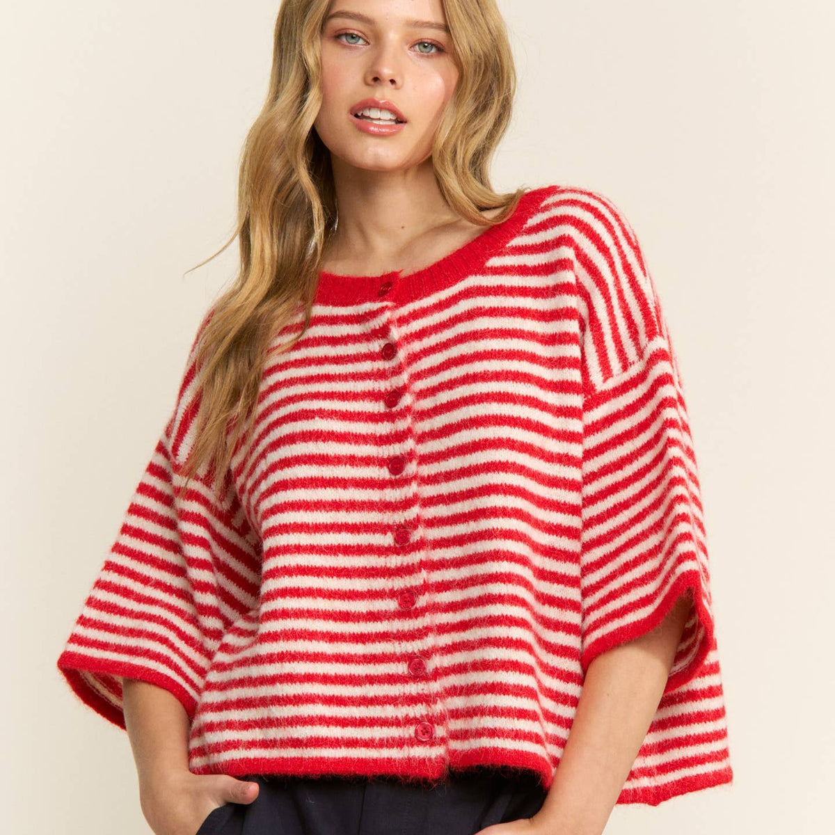 Red and white striped oversized short sleeve boxy silhouette cardigan. 