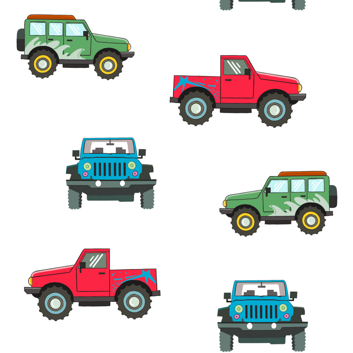 Set of colorful cartoon-style off-road vehicles on a white background