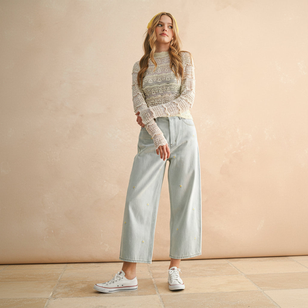 Celebrate your unique style with these Flower Embroidery Pants in classic denim. Delicate floral details add a touch of artistry to an everyday essential, creating a look that's both comfortable and expressive. Perfect for those who want to bring a little beauty into their wardrobe.