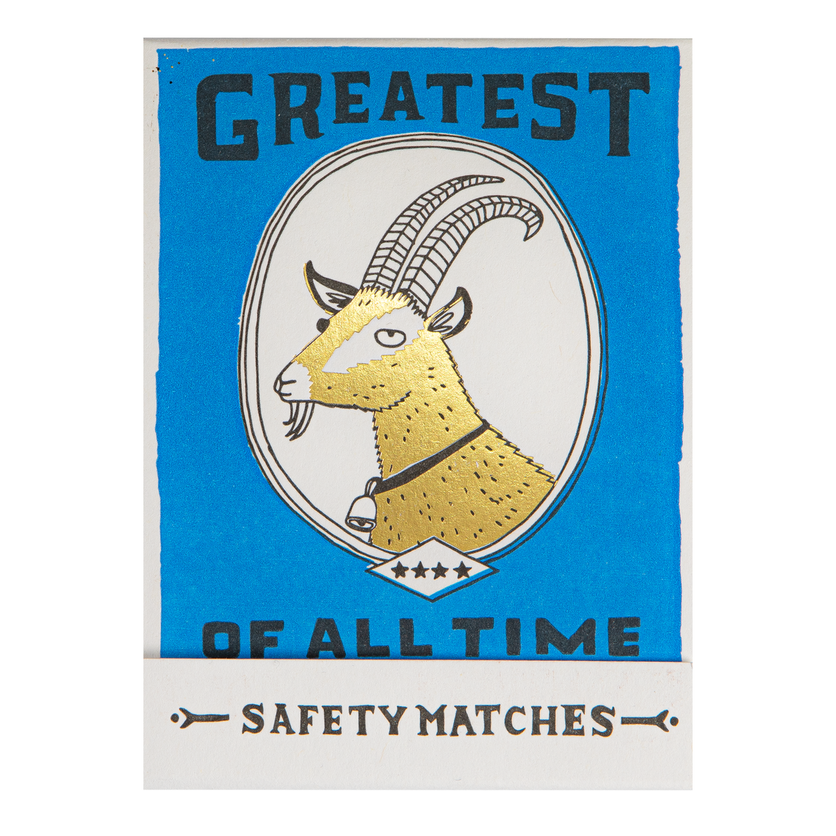 A novelty matchbook-style safety match pack with a white cover and a blue-and-white checkerboard design. The matches are blue and shaped like chess pieces, with the word "GREATEST" printed across the top.