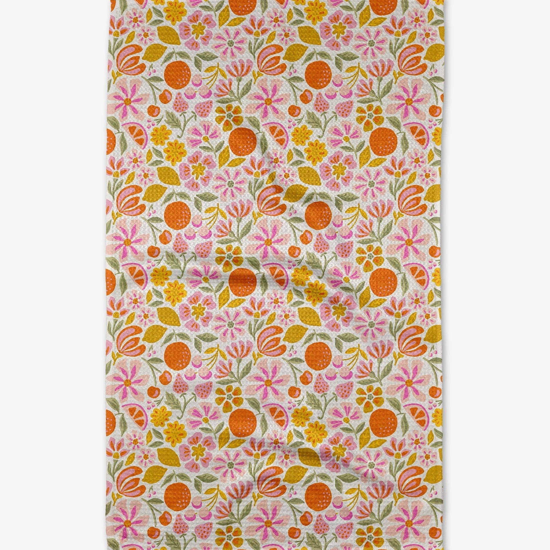 Floral patterned TEA TOWEL with pink, orange, and green colors on a white background