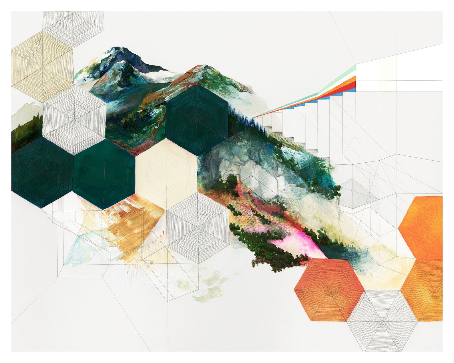 color blocking done in teals and warm oranges, abstract Mountain View with lots of abstract lines. 