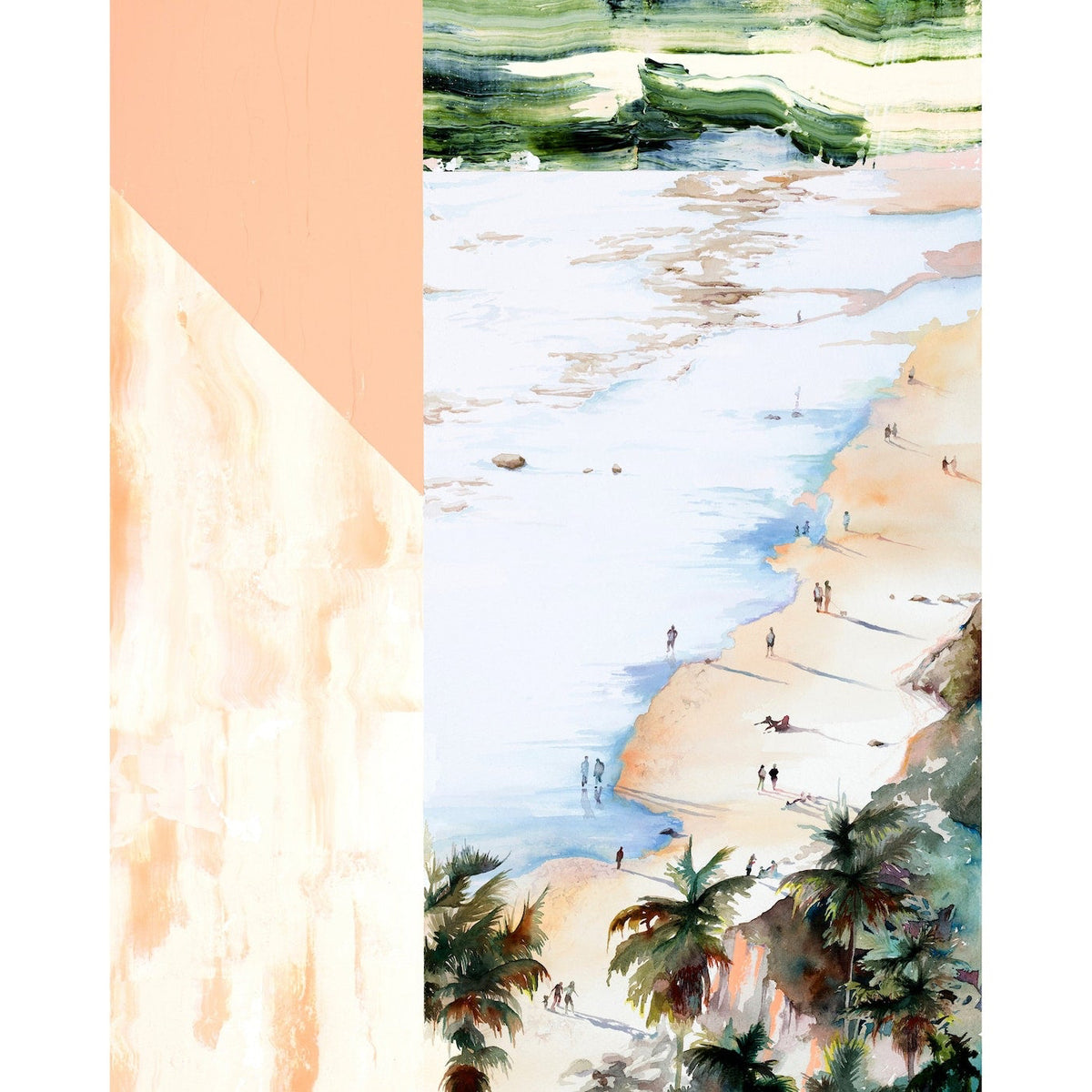 Beach scene with warm peachy sand and light blue water and dark green palm trees. 