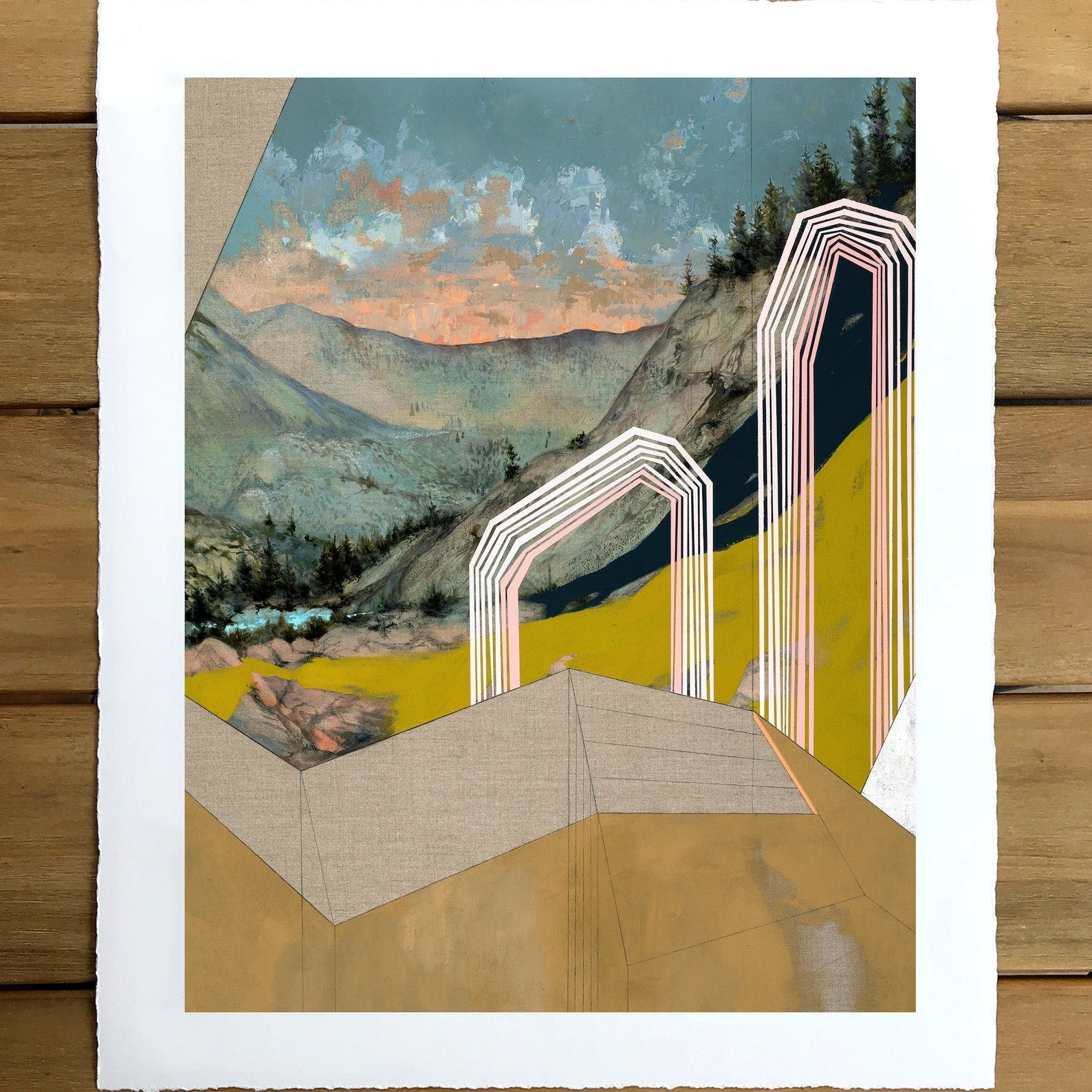 print shown on a wooden table. 