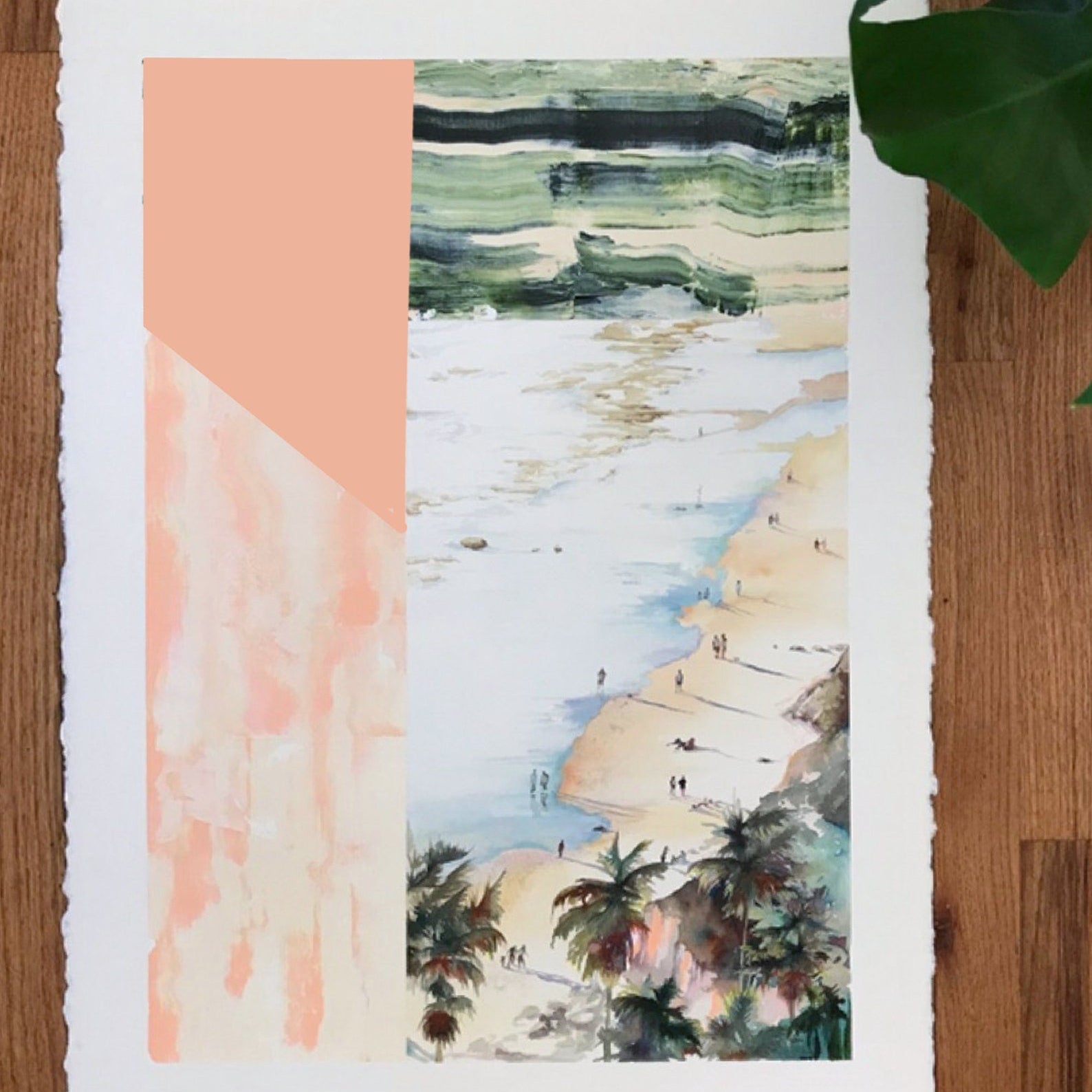 print shown against a wooden table with a leaf. 
