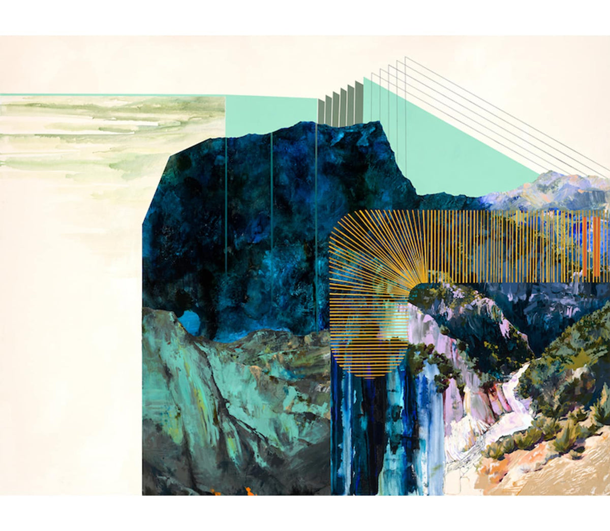 abstract painting of mountain landscape with architectural elements. 